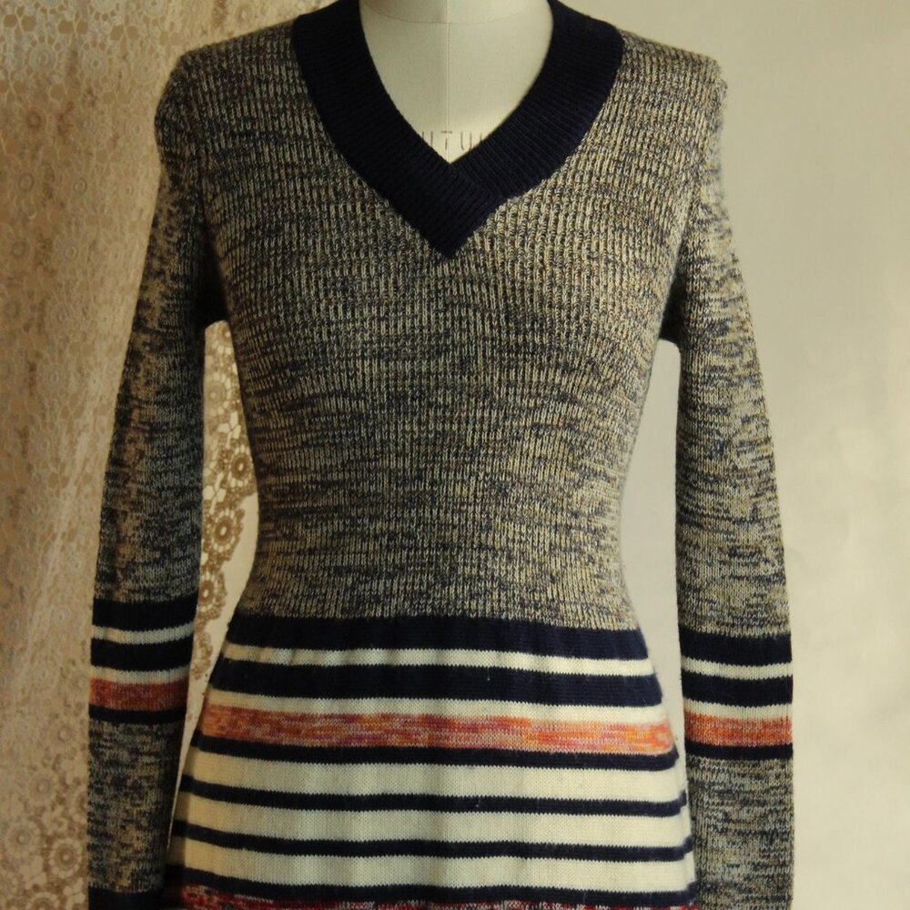 Vintage 1970s Dress, Jon Michael Wool Sweater Dress, Horizontal Striped V Neck - Picture 3 of 13